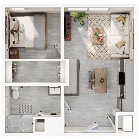 a 3d rendering of a bedroom and a living room